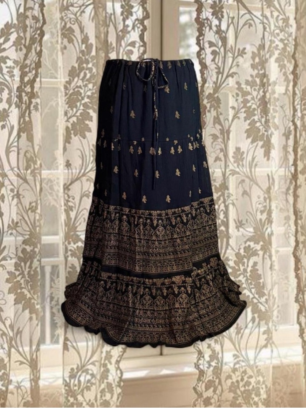 Vintage Y2K Deadstock Whimsygoth Boho Fairycore Black & Gold Maxi Skirt